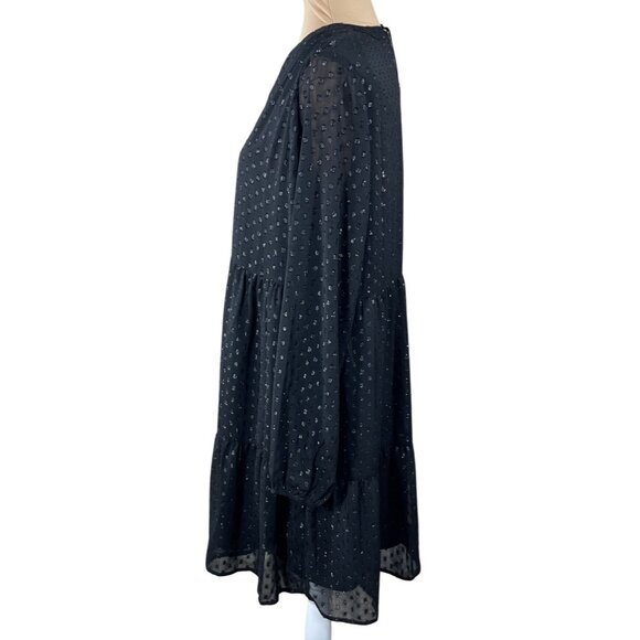 the Get Tiered Party Dress Black Dot Sparkle Size L Large Long Sleeve NWT - Picture 2 of 7